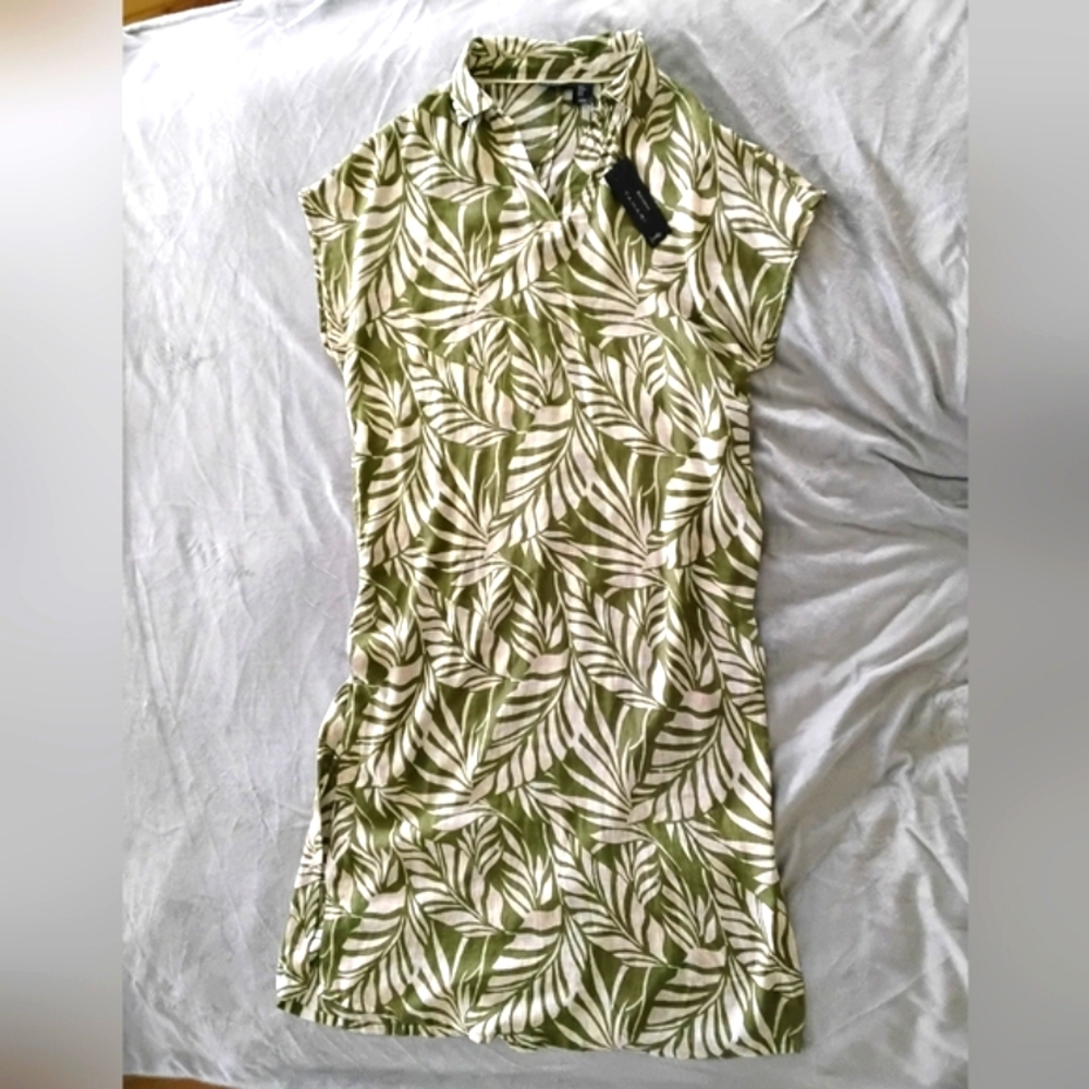Tahari Linen Green and White Leaf Print Midi Dress